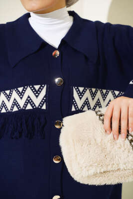 Önü Püskül Detaylı Triko İkili Takım Lacivert - Triko İkili Takım