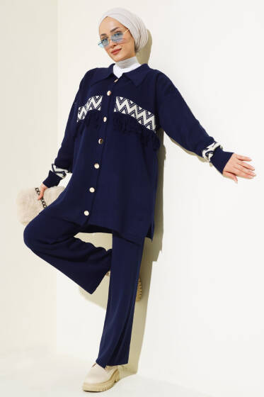 Önü Püskül Detaylı Triko İkili Takım Lacivert - Triko