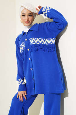 Önü Püskül Detaylı Triko İkili Takım Saks - Triko İkili Takım