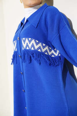 Önü Püskül Detaylı Triko İkili Takım Saks - Triko İkili Takım