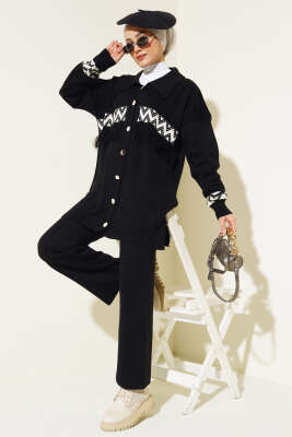 Önü Püskül Detaylı Triko İkili Takım Siyah - SUDE NAZ