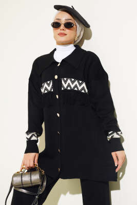 Önü Püskül Detaylı Triko İkili Takım Siyah - Triko İkili Takım