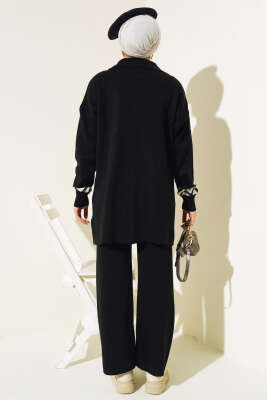 Önü Püskül Detaylı Triko İkili Takım Siyah - Triko İkili Takım