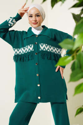 Önü Püskül Detaylı Triko İkili Takım Zümrüt - Triko İkili Takım