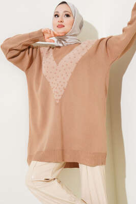 Önü Sakal Detaylı İncili Triko Tunik Bisküvi 