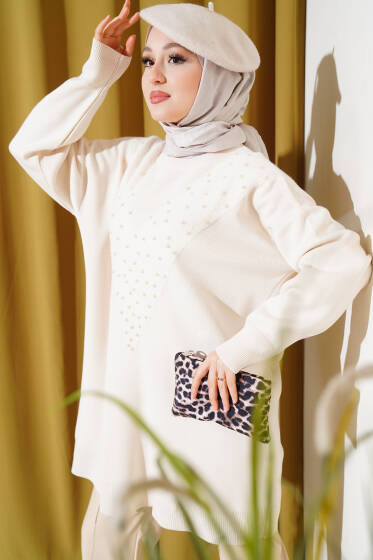 Önü Sakal Detaylı İncili Triko Tunik Ekru - Tunik