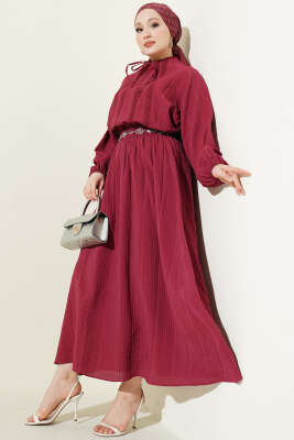 Önü Şerit Dantelli Etekli İkili Takım Bordo - VAV TEKSTİL