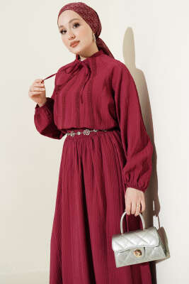 Önü Şerit Dantelli Etekli İkili Takım Bordo - İkili Takım