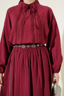 Önü Şerit Dantelli Etekli İkili Takım Bordo - İkili Takım