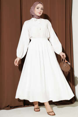 Önü Şerit Dantelli Etekli İkili Takım Ekru - VAV TEKSTİL