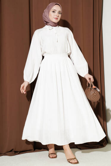 Önü Şerit Dantelli Etekli İkili Takım Ekru - İkili Takım