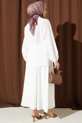 Önü Şerit Dantelli Etekli İkili Takım Ekru - İkili Takım