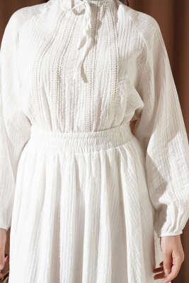 Önü Şerit Dantelli Etekli İkili Takım Ekru - İkili Takım