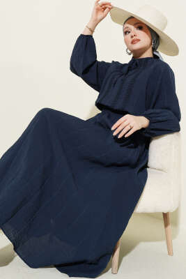 Önü Şerit Dantelli Etekli İkili Takım Lacivert - VAV TEKSTİL