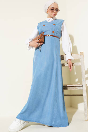 Önü Tahta Düğmeli Kolsuz Elbise Kot Mavisi - Elbise