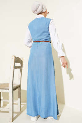 Önü Tahta Düğmeli Kolsuz Elbise Kot Mavisi - Tesettür Elbise