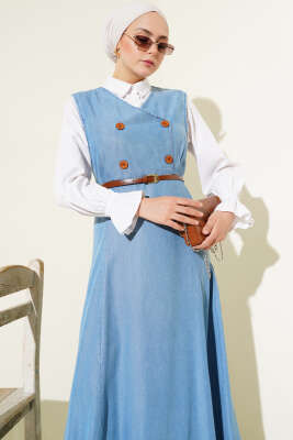 Önü Tahta Düğmeli Kolsuz Elbise Kot Mavisi - Tesettür Elbise