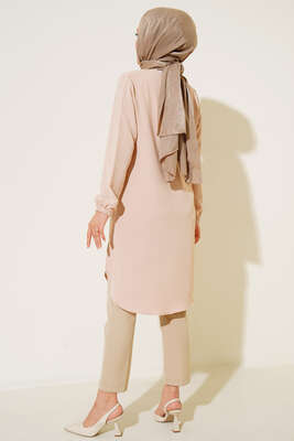 Önü Takı Detaylı Uzun Tunik Bej - Tunik