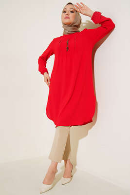 Önü Takı Detaylı Uzun Tunik Kırmızı - Tunik