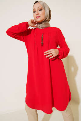Önü Takı Detaylı Uzun Tunik Kırmızı - Tunik