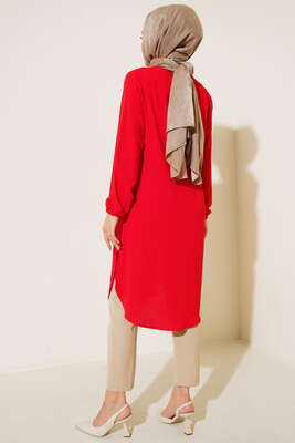 Önü Takı Detaylı Uzun Tunik Kırmızı - Tunik