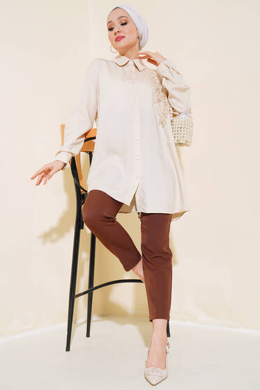 Önü Taş Detaylı Gömlek Bej - Gömlek