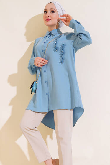 Önü Taş Detaylı Gömlek Mavi - Gömlek