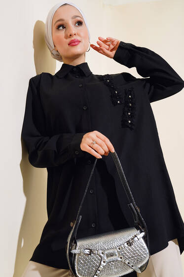 Önü Taş Detaylı Gömlek Siyah - Gömlek