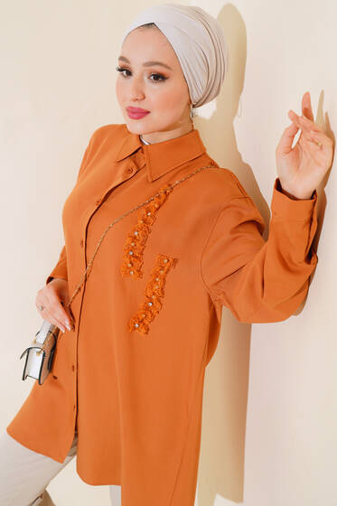 Önü Taş Detaylı Gömlek Taba - Gömlek