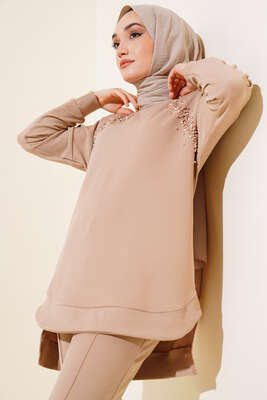 Önü Taş Detaylı İkili Takım Bej - İkili Takım