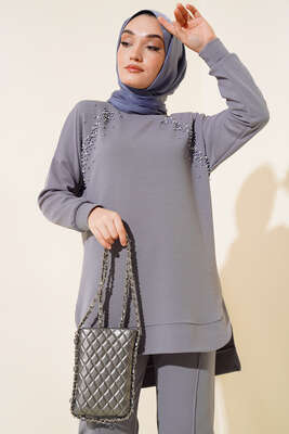 Önü Taş Detaylı İkili Takım Gri - İkili Takım