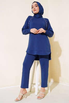 Önü Taş Detaylı İkili Takım İndigo - İkili Takım