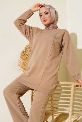 Önü Taş Detaylı Krep İkili Takım Bej - İKİLİ TAKIM