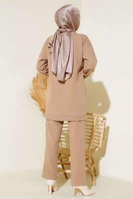 Önü Taş Detaylı Krep İkili Takım Bej - İKİLİ TAKIM