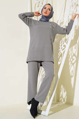 Önü Taş Detaylı Krep İkili Takım Gri 