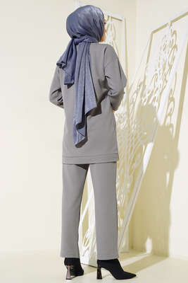 Önü Taş Detaylı Krep İkili Takım Gri - İKİLİ TAKIM