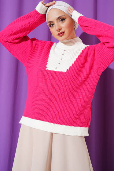 Önü Taş Detaylı Triko Kazak Fuşya - Triko