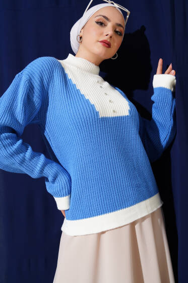 Önü Taş Detaylı Triko Kazak İndigo - Triko