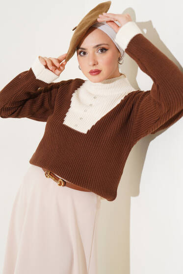 Önü Taş Detaylı Triko Kazak Kahve - Triko