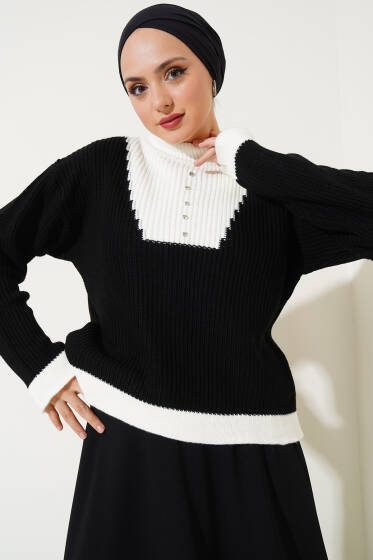 Önü Taş Detaylı Triko Kazak Siyah - Triko