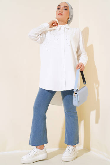 Önü Taş Detaylı Uzun Gömlek Ekru - Gömlek