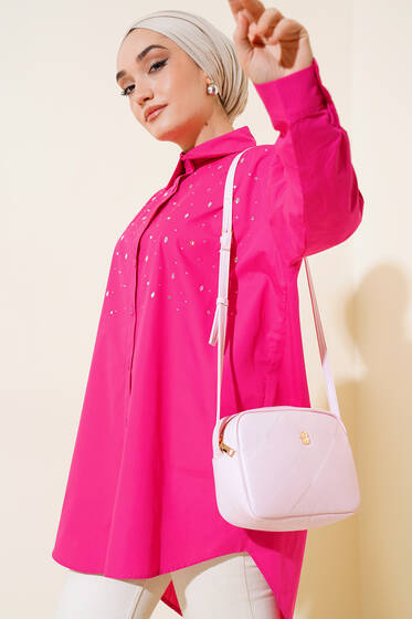 Önü Taş Detaylı Uzun Gömlek Fuşya - Gömlek