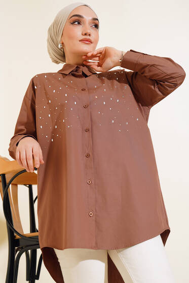 Önü Taş Detaylı Uzun Gömlek Kahve - Gömlek