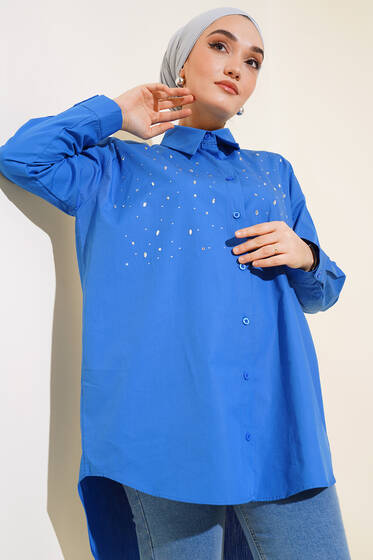 Önü Taş Detaylı Uzun Gömlek Saks - Gömlek