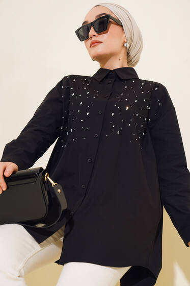 Önü Taş Detaylı Uzun Gömlek Siyah - Gömlek