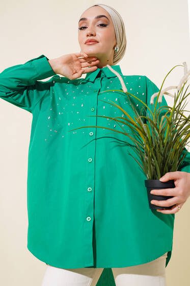 Önü Taş Detaylı Uzun Gömlek Yeşil - Gömlek