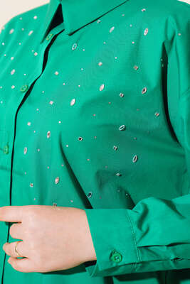 Önü Taş Detaylı Uzun Gömlek Yeşil - Thumbnail