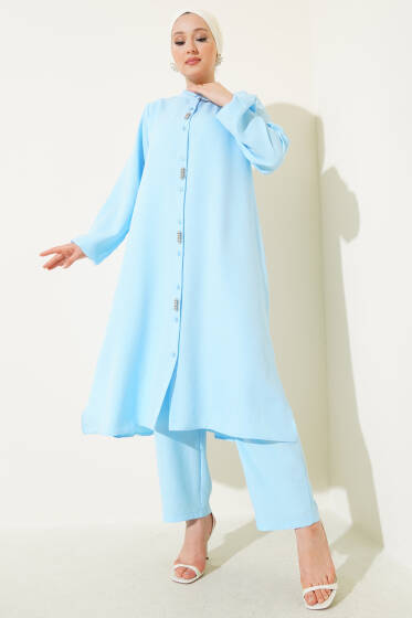 Önü Taş Detaylı Uzun Tunik İkili Takım Bebe Mavi - İkili Takım
