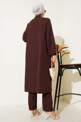 Önü Taş Detaylı Uzun Tunik İkili Takım Kahve - 500-700 TL Ürünler