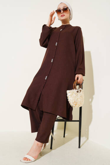 Önü Taş Detaylı Uzun Tunik İkili Takım Kahve - İkili Takım